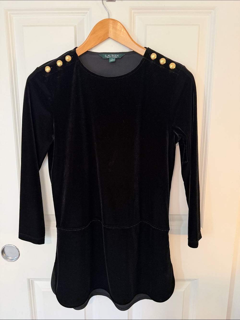 Lauren Ralph Lauren Black Velvet Long-Sleeve Tunic with Gold Shoulder Buttons